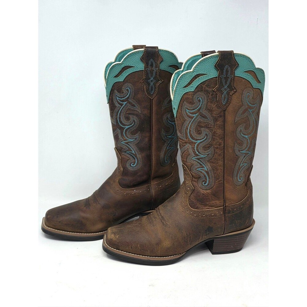 Justin Ladies Teal Accent 12" Leather Cowboy Boots SVL7311 Sevana Size 6.5 Brown